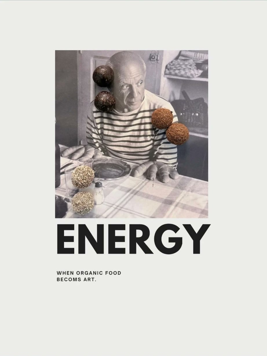 ConsidoBalls Energy post: energy balls placed on a black and white photo, with the line When organic food becomes art