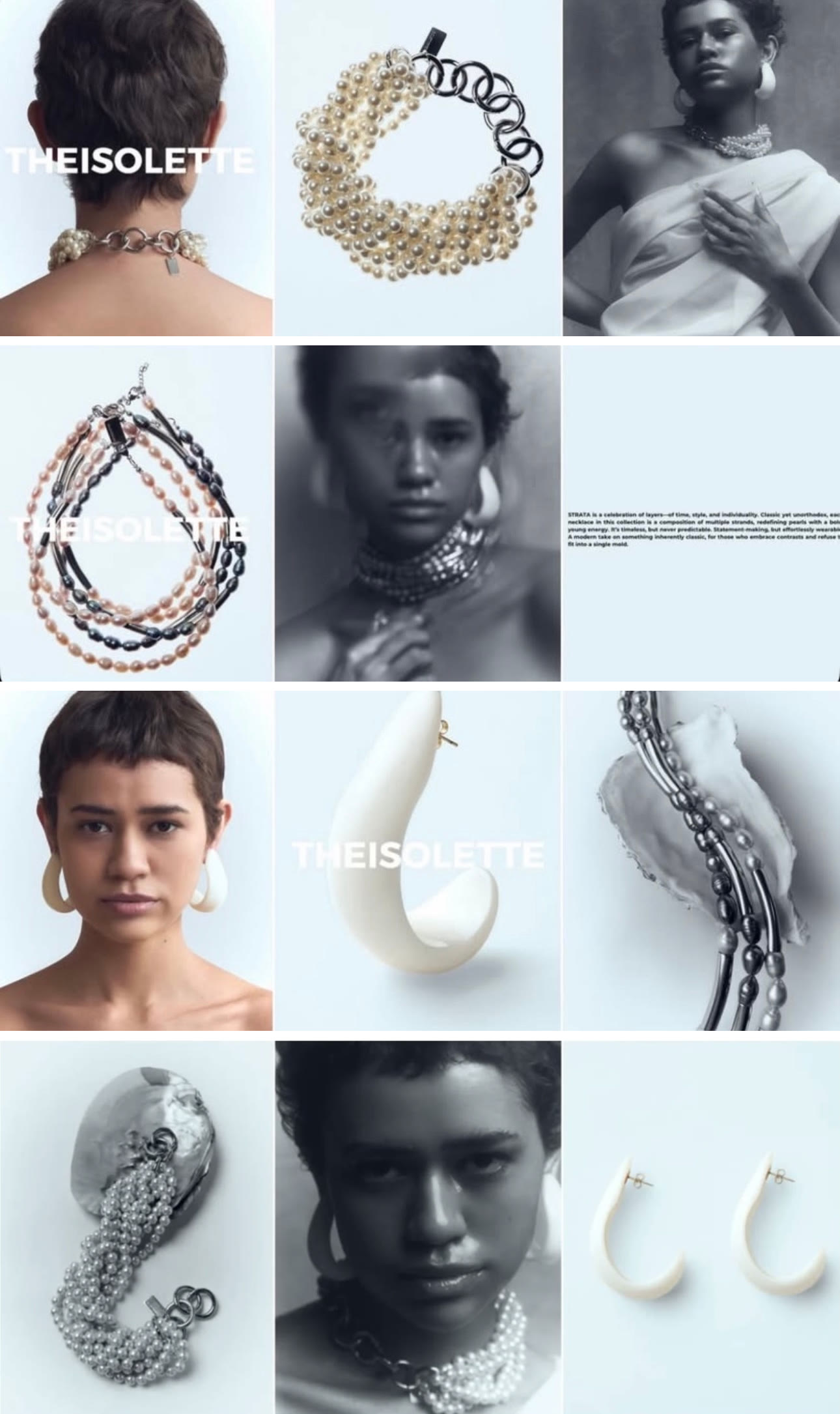 The Isolette Strata collection campaign: pearl necklaces and white earrings, with portraits of the model