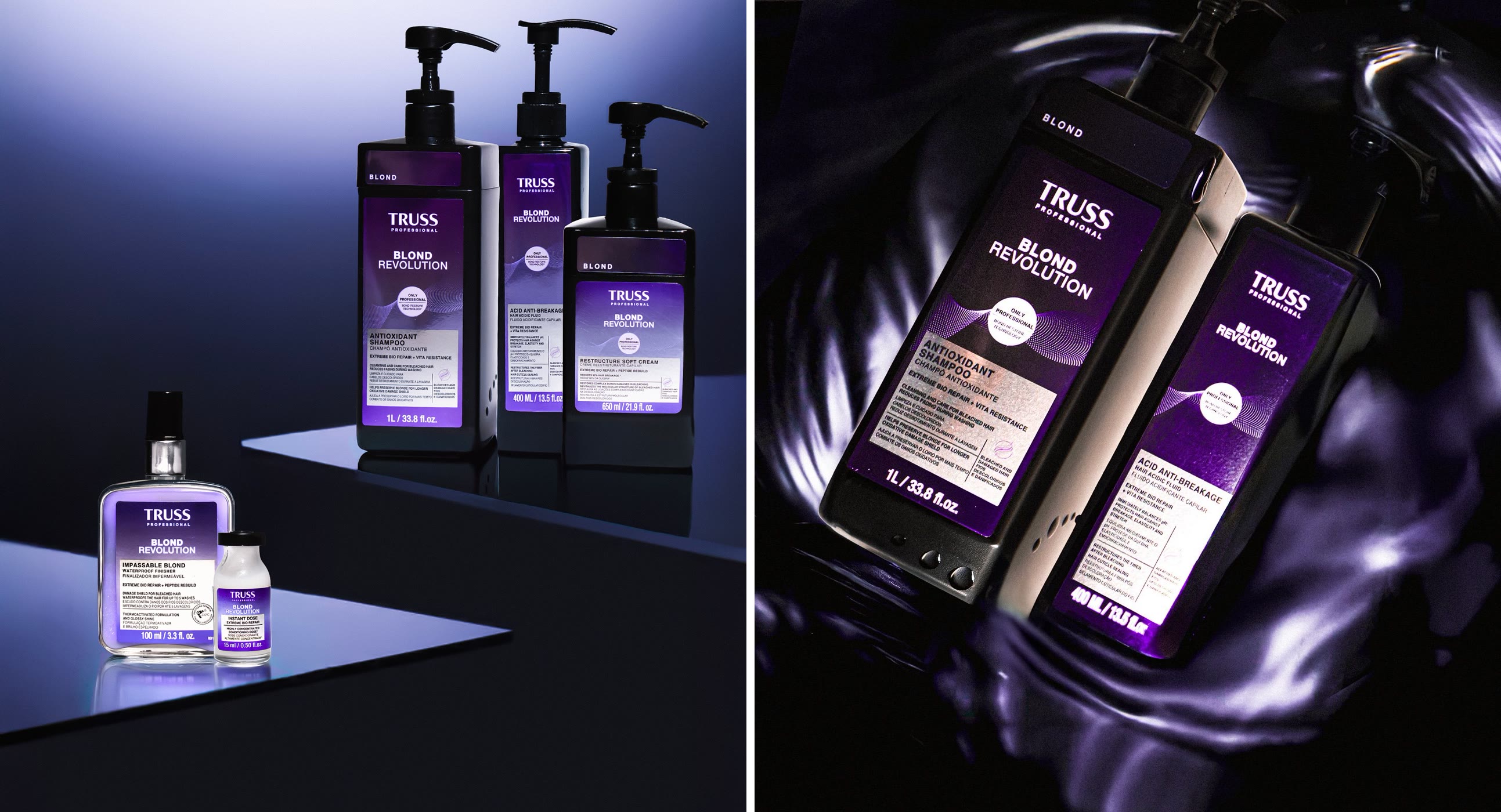 Truss Professional Blond Revolution: bottles on mirrored steps, and shampoo and fluid on purple liquid